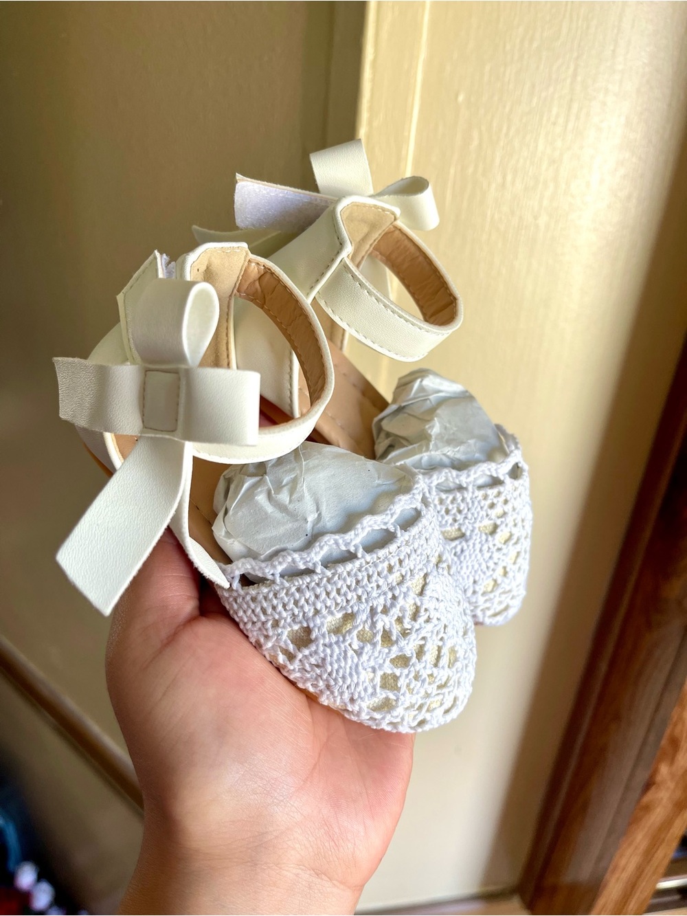 Baby White Crochet Bow Ankle-Strap Dress Shoes